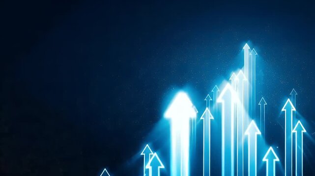 
Blue background with glowing arrows pointing upwards, representing growth and success in business or technology. Vector illustration of an upward arrow graph on a blue banner for web design