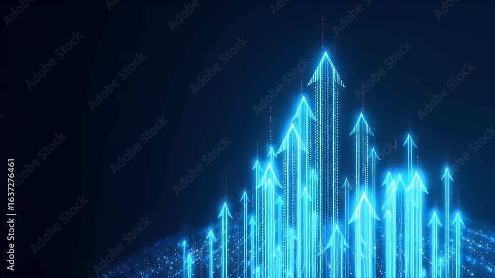 Poster blue background with glowing arrows pointing upwards, representing growth and success in business or