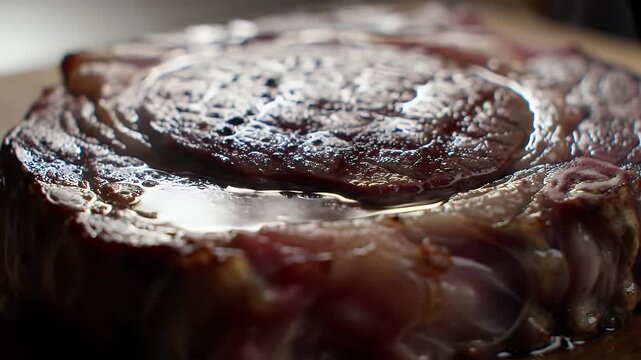 Juicy Glistening Ribeye Steak on Wooden Board in Close Up View Highlighting Marbling and Rich Texture Perfect for Culinary Projects and Food Advertisements Showcasing Gourmet Indulgence 200mm Lens