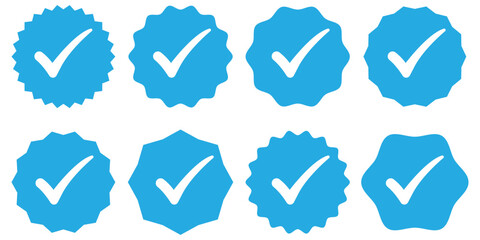 Blue Verified badge icon set. Set of check mark icons. Blue checkmark tick verified badge icon vector, social media verified profile symbol, approval certification sign. vector illustration eps 10.