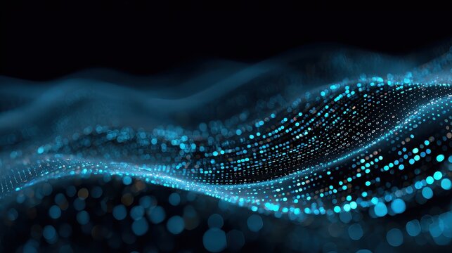 Glowing digital wave with blue dots on a dark technology background