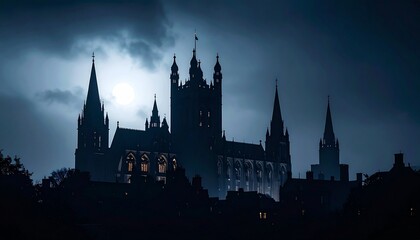 Fototapeta premium Nocturnal Cityscape Silhouette of Towering Gothic Architecture, with Spires and Ornate Facades Rising Against the Night Sky, Captured in Dramatic Lighting to Evoke Mystery Grandeur and Timeless Beauty