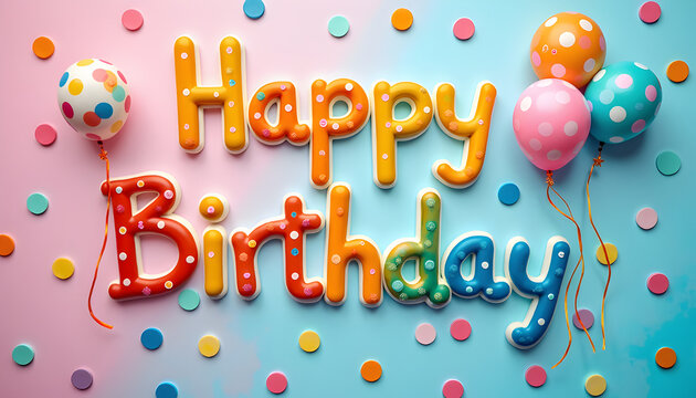 Playful happy birthday greeting with polka dot balloons on pastel background. Use for kids party invitations, festive flyers, and celebration decor.

