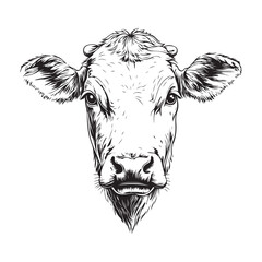 Cow, bull, farm. Vintage retro print, black white cow sketch ink pencil style drawing, engraved old school. Sketch artwork silhouette farm cow, white background