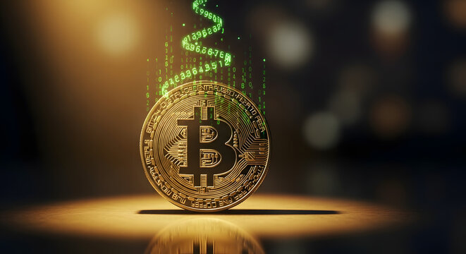 A golden Bitcoin coin stands under a spotlight as a glowing green spiral of binary code rises from it. - Powered by Adobe