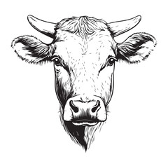 Cow, bull, farm. Vintage retro print, black white cow sketch ink pencil style drawing, engraved old school. Sketch artwork silhouette farm cow, white background