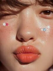 Fototapeta premium Stunning portrait of a beautiful young woman with star makeup and glossy lips winking playfully at the camera