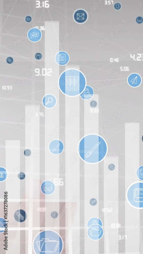 Poster animation of graph and network of connections over grey background