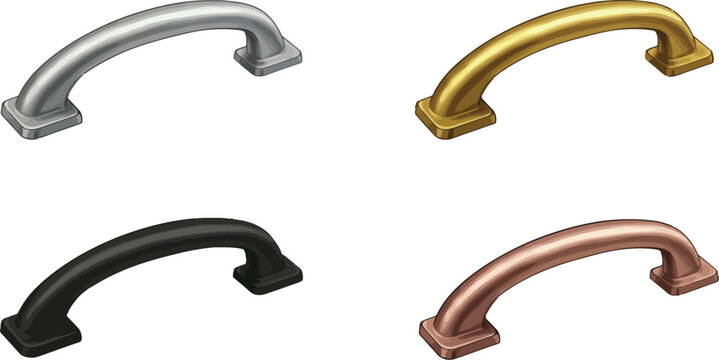 Metallic cabinet pulls in silver, gold, black and copper tones design element