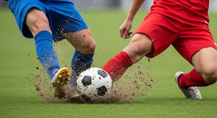 Two soccer players in blue and red uniforms intensely battle for possession of the ball on a muddy field, kicking up dirt as they slide.