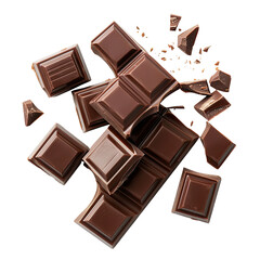Broken chocolate bar pieces scattered in a chaotic, yet visually appealing display against a black background.  