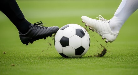 Two soccer players' feet in cleats are about to kick a black and white soccer ball on a green field, with dirt flying.