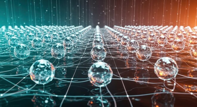 Network with Diamond Spheres Connected by Glowing Lines, Representing Data Flow and Connectivity in a Modern Technological World