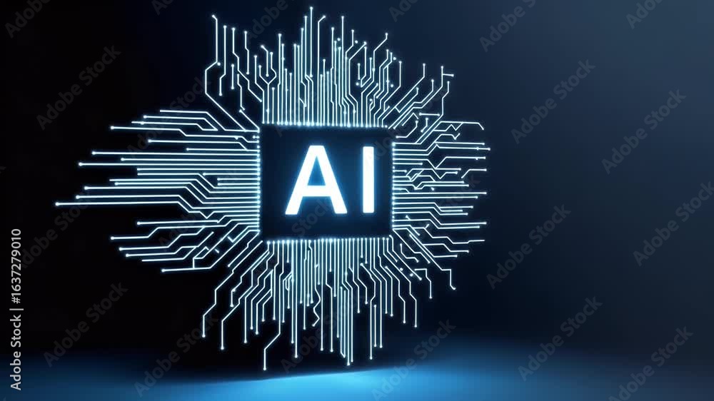 Poster a blue background with the text ai in white, and an icon of a chip or computer on it.