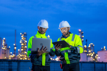 Team refinery engineer worker oil refinery petrochemical industrial plant at night, Team refinery...