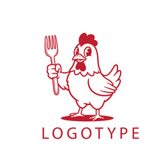 Cheerful cartoon chicken holding a giant fork, standing upright with a playful vibe.