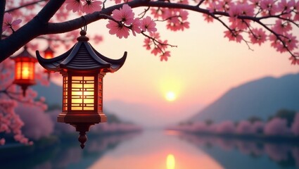 Cherry Blossoms and Lanterns Glow at Sunset Over Serene River