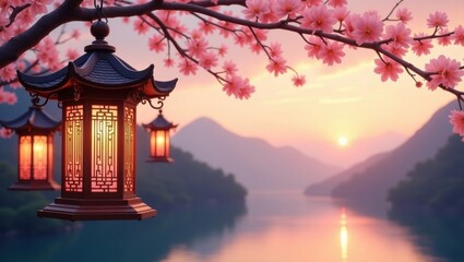 Obraz premium Cherry Blossoms and Lanterns Glow at Sunset Over Serene River