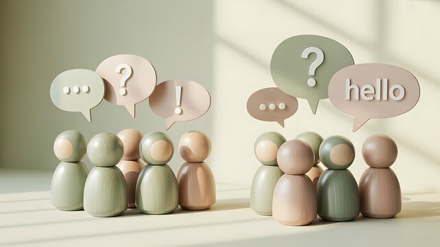 A concept of teamwork and communication with wooden figures. Groups discuss questions and find answers, symbolizing problem-solving and dialogue.