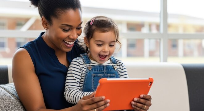 Mother and Daughter Enjoying Tablet Together, Bonding and Learning with Technology, Modern Family Lifestyle