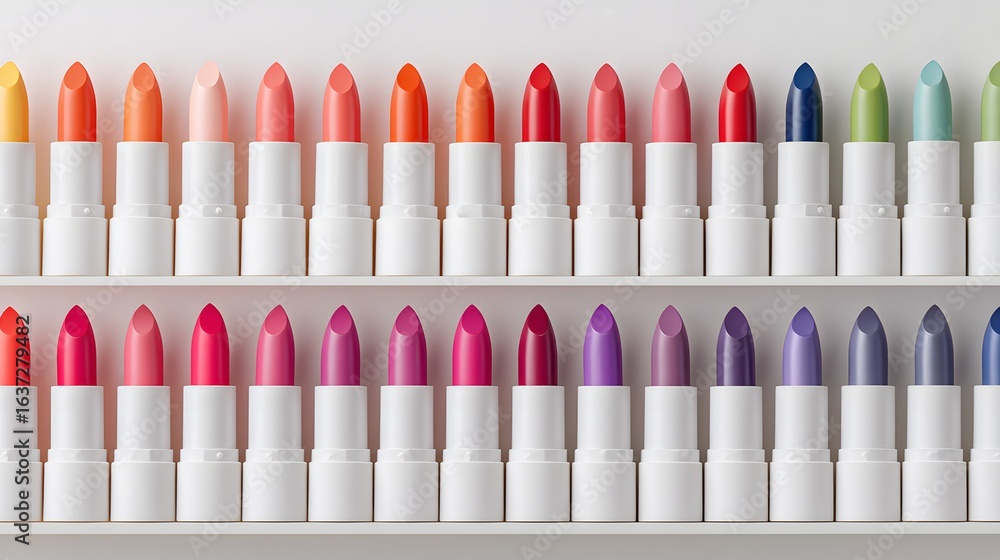 Poster array of colorful lipsticks in white containers.