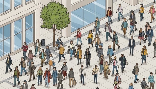Isometric illustration showing a diverse crowd of people walking on a city street with buildings and a tree. Busy urban scene.
