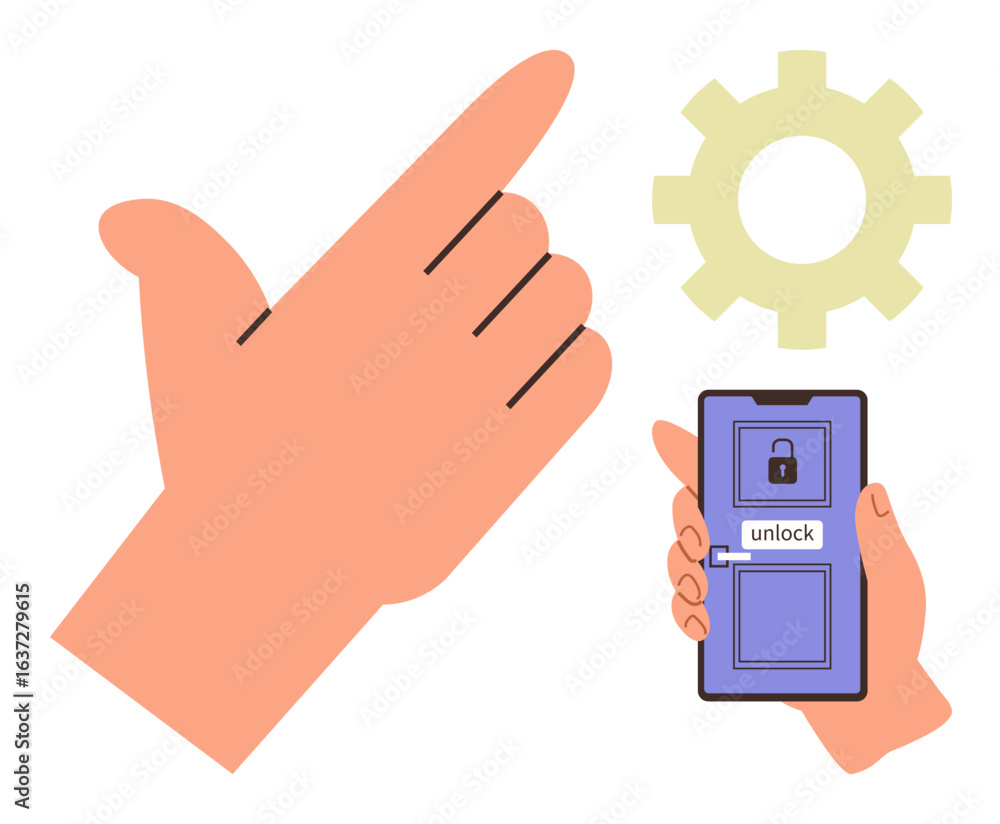 Poster hand performs a gesture beside a smartphone with lock interface and a gear icon. ideal for security,