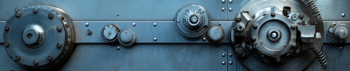 Machinery parts displayed against a sleek silver metallic backdrop. 