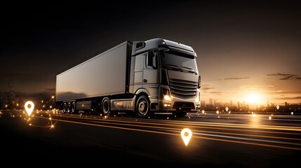 Modern semi-truck in motion with illuminated location markers.