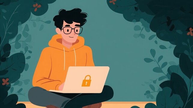 Man with laptop, lock icon, sitting cross-legged in a leafy environment