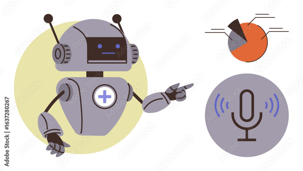 Poster robot pointing at infographic pie chart with a microphone, symbolizing ai engagement in data, analyt