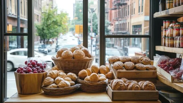 Fresh baked goods and fruit displayed in a bakery shop window