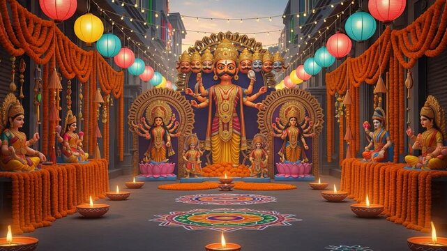 Vibrant Dussehra festival street celebration with Ravana and Durga statues, colorful lanterns, and diyas