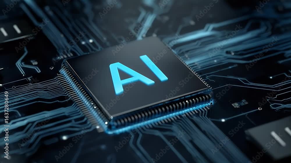 Poster a blue background with the text ai in white, and an icon of a chip or computer on it.
