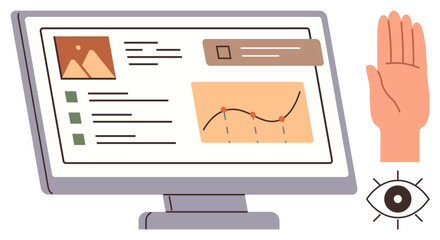 Computer monitor displaying charts, graphs, lists, and notifications. Adjacent icons include a raised hand and an eye. Ideal for data analysis, monitoring, privacy, analytics security control
