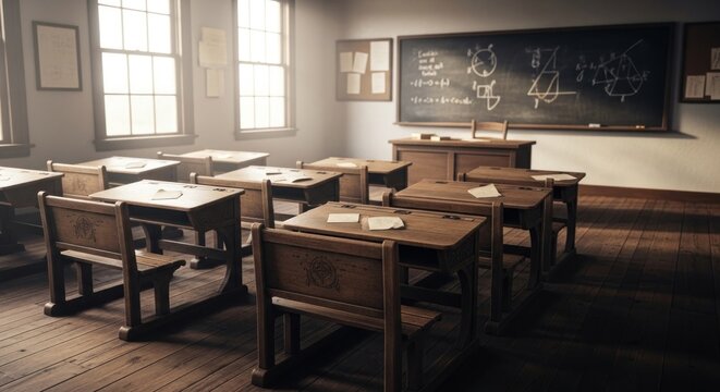 Vintage Classroom with Wooden Desks and Blackboard Featuring Mathematical Equations, Education and Learning in a Retro School Setting - Powered by Adobe