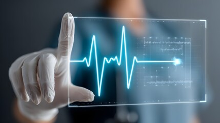 A hand in medical gloves interacting with a digital display showing a heartbeat graphic.