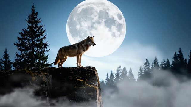 Wolf silhouette on rocky outcrop at night