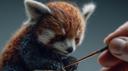 Close-Up of Handmade Felted Red Panda Being Detailed with Fine Brush