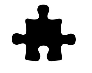 A solitary black jigsaw puzzle piece standing out on a white background
