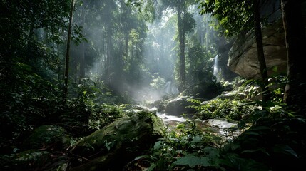 Obraz premium Lush rainforest scene with a cascading waterfall.