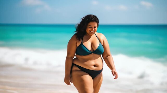 Woman in bikini walking beach portrait