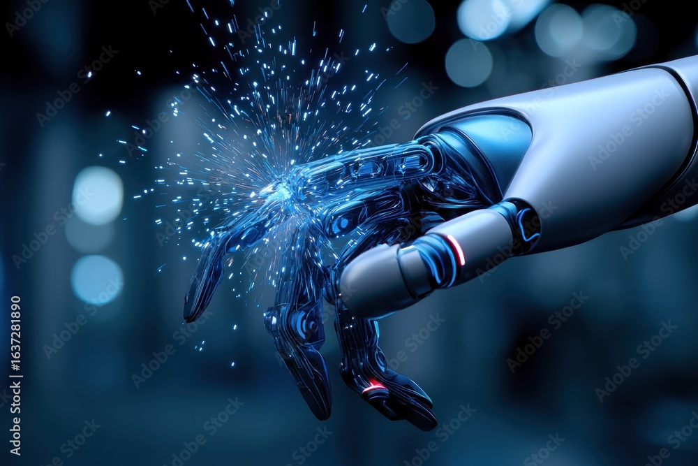 Poster futuristic robotic arm with dynamic light effects.