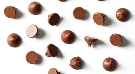 Fototapeta premium Chocolate Chips Array: Delicious Baking Ingredients on White Background, Studio Shot