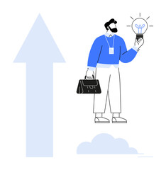 Man holding light bulb with bright idea, briefcase, and upward arrow in background. Ideal for creativity, entrepreneurship, vision, progress, career problem-solving and innovation concepts. Clean