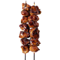 Grilled chicken skewers, glazed in dark brown sauce