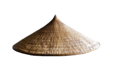 Close-up of a conical straw hat.  Light tan woven straw forms a cone-shaped head covering