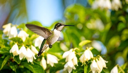 Fototapeta premium Hummingbird flies by flowers