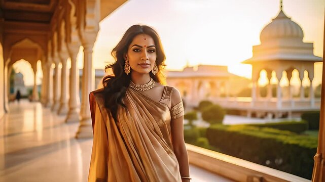 Woman in gold saree outdoors