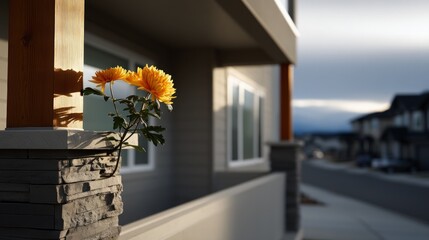 Bright yellow flowers growing from a stone pillar of a house.